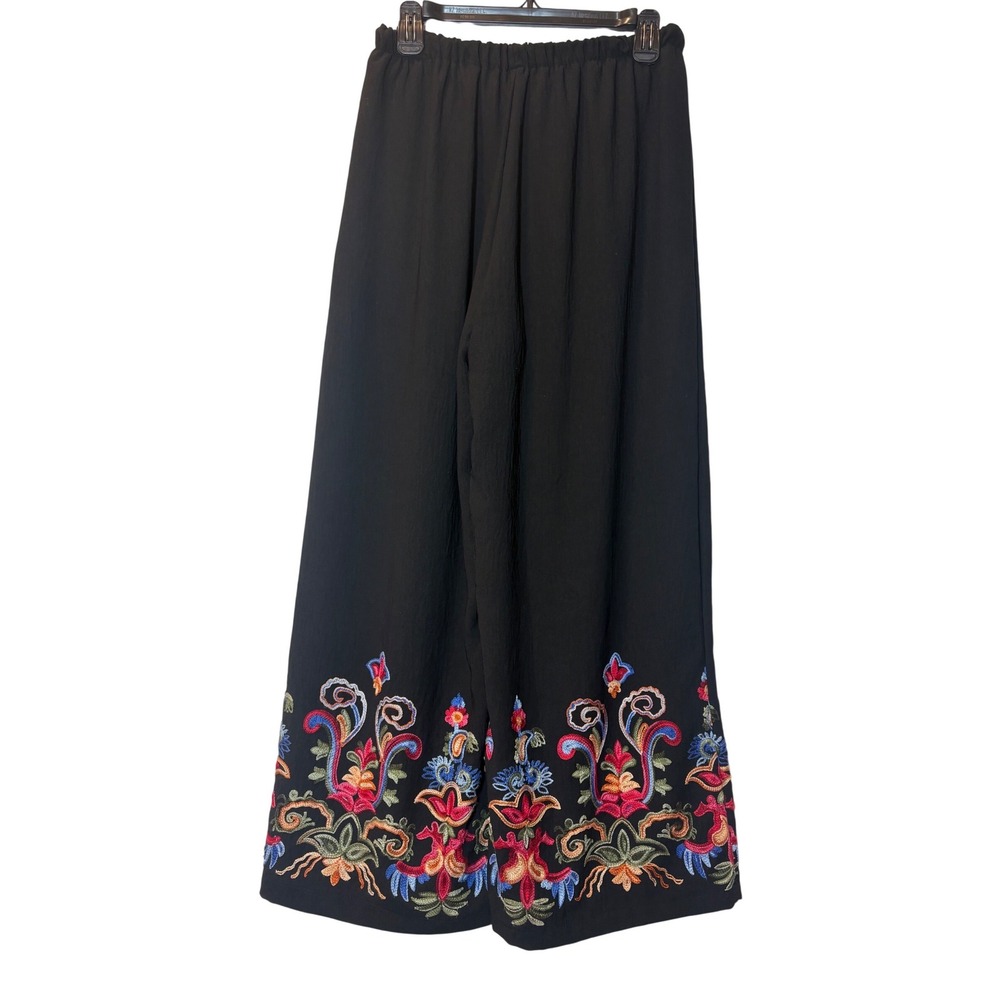 LIV LOS ANGELES Embroidered Wide Leg Pants‎ Black Floral Boho Style - Small